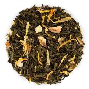 Mélange bio Soleil d'Orient, thé vert, écorces d'orange et fleurs de souci.