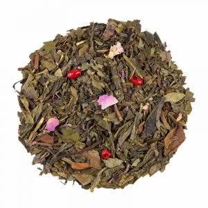 Thé bio Rendez-vous Romantique, mélange de thés verts, menthe poivrée, pétales de rose et poivre rose.