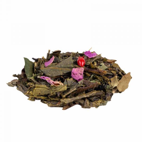 Thé vert en vrac biologique, saveur rose - menthe, mélange de feuilles de thé vert et de fleurs de rose et de menthe poivrée