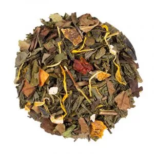 Vue complète d’Harmonie Exotique BIO : Mélange de thé vert et blanc avec des morceaux de fruits tropicaux.