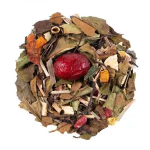 Vue complète de l'Elixir d'Agrumes BIO : Mélange de thé blanc et vert avec morceaux d'agrumes et canneberge.