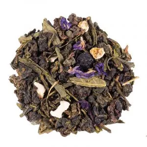 Vue des feuilles du Oolong Mystique BIO – Mélange de thé oolong, myrtille et menthe poivrée.