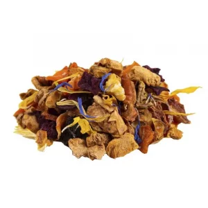 Zoom sur les ingrédients biologiques : morceaux de pomme, raisin et fleurs de souci.