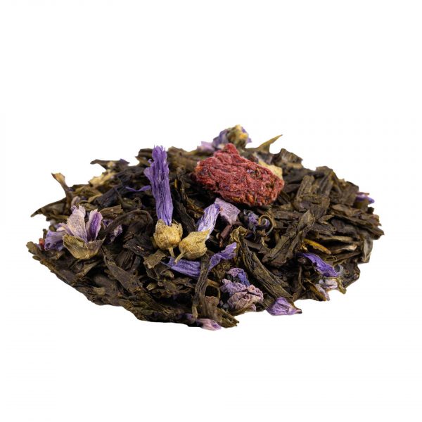 Thé Vert Lov’in Paris Bio en vrac, saveur violette et framboise.