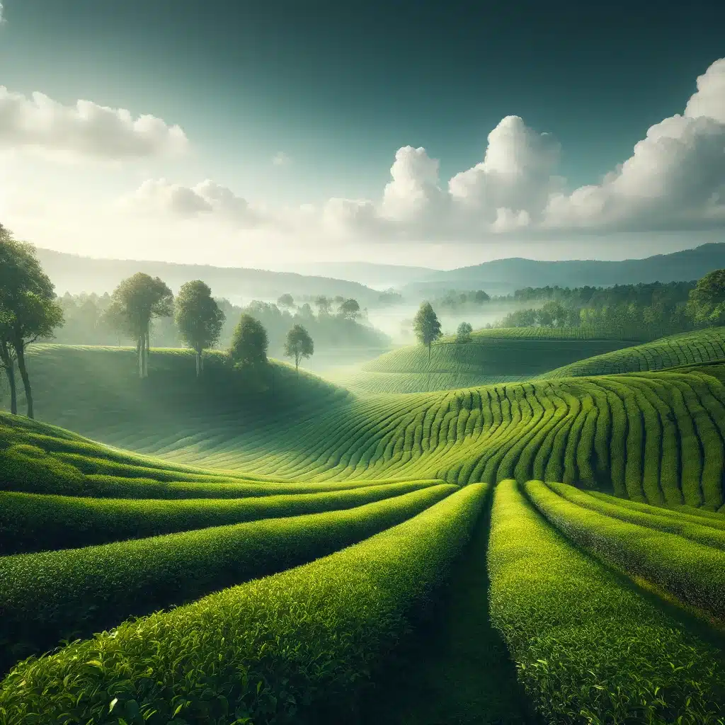 Une plantation de thé sereine et étendue, avec des théiers verdoyants qui s'étendent au loin sous un ciel clair. La scène est paisible, mettant en évidence la