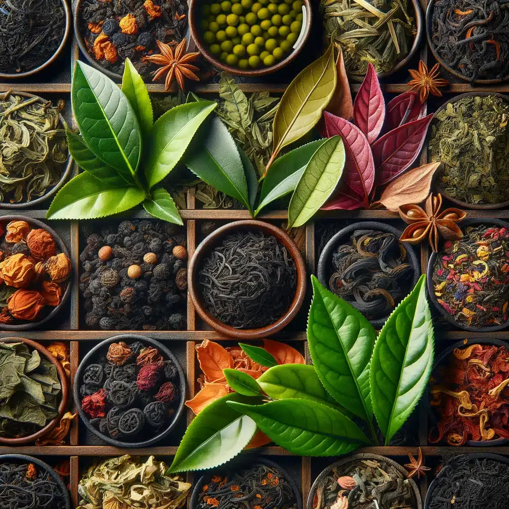 Image détaillée en gros plan de différents types de feuilles de thé disposées avec soin. Les feuilles de thé comprennent le thé vert, le thé noir, le thé blanc, le thé oolong et les tisanes.