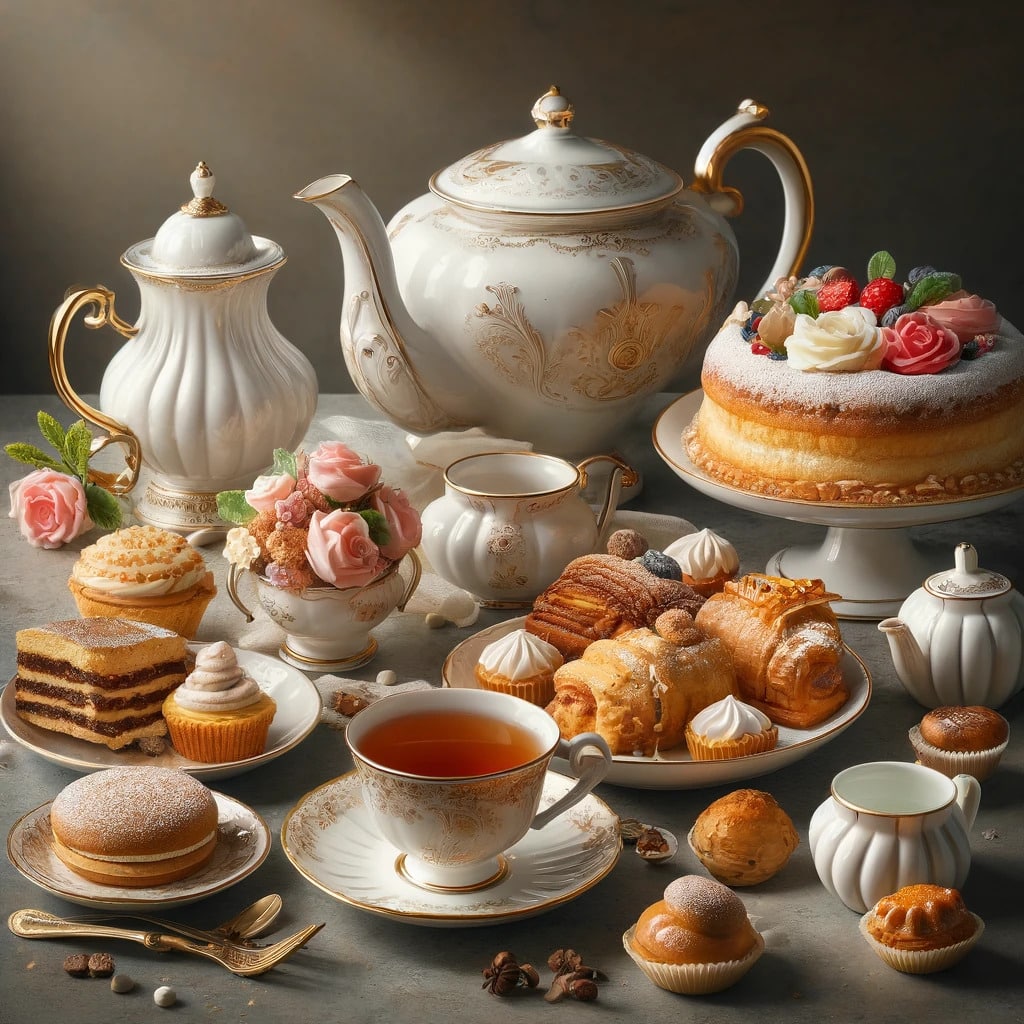 Photo réaliste d'un service à thé composé d'élégantes tasses, d'une théière et d'une variété de pâtisseries. La scène doit être accueillante et invitante, mettant en valeur une belle table de thé.
