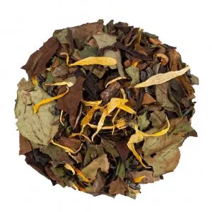 Mélange de thé bio Douceur de Poire, thé blanc et thé vert avec morceaux de fruits et pétales de souci.