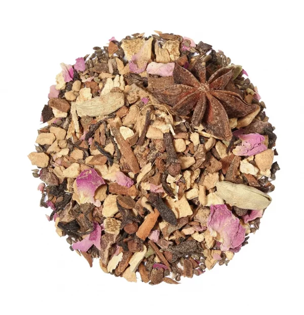 Songe d'Hiver, mélange bio d'épices, agrumes et cacao avec pétales de rose.