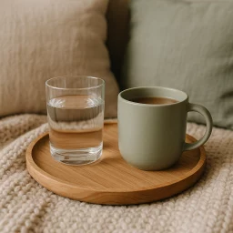 Verre d’eau et tasse de thé sur un plateau cocooning – Hydratation avec Celes’Tea en Normandie