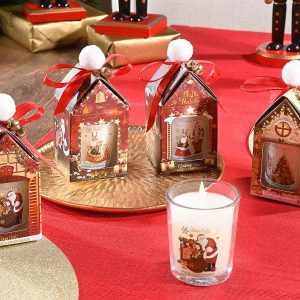 Bougies de Noël parfumées Celes’Tea – 4 modèles festifs en verre avec coffret cadeau en forme de maison – senteurs vin chaud, pomme, fleur d’oranger, cyprès.