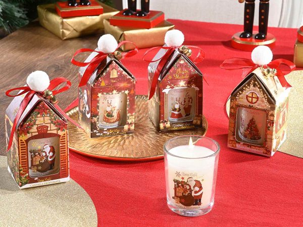 Bougies de Noël parfumées Celes’Tea – 4 modèles festifs en verre avec coffret cadeau en forme de maison – senteurs vin chaud, pomme, fleur d’oranger, cyprès.