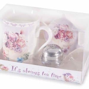 Coffret cadeau tasse à thé Celes’Tea – tasse en porcelaine florale 300 ml avec infuseur et soucoupe assortie.