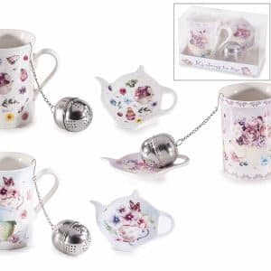 Ensemble tasse à thé 300 ml Celes’Tea – porcelaine florale avec infuseur et soucoupe – accessoire raffiné du salon de thé du Neubourg (Normandie).