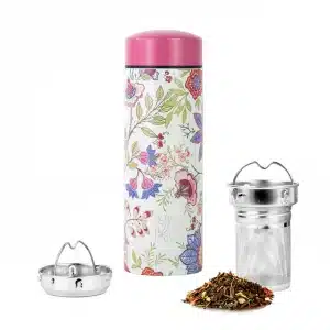 Théière Bohemian 350 ml Celes’Tea – bouteille isotherme à motifs floraux, couvercle rose et filtre à thé inox – accessoire chic et pratique du salon de thé Celes’Tea.