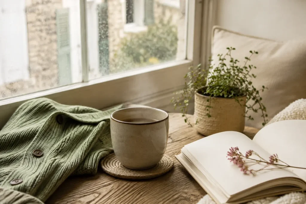 Rituel thé quotidien près d’une fenêtre, avec une tasse, un livre et un gilet vert