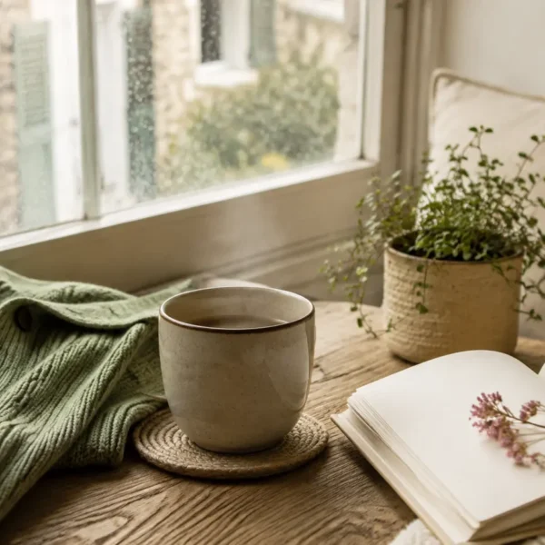 Rituel thé quotidien près d’une fenêtre, avec une tasse, un livre et un gilet vert