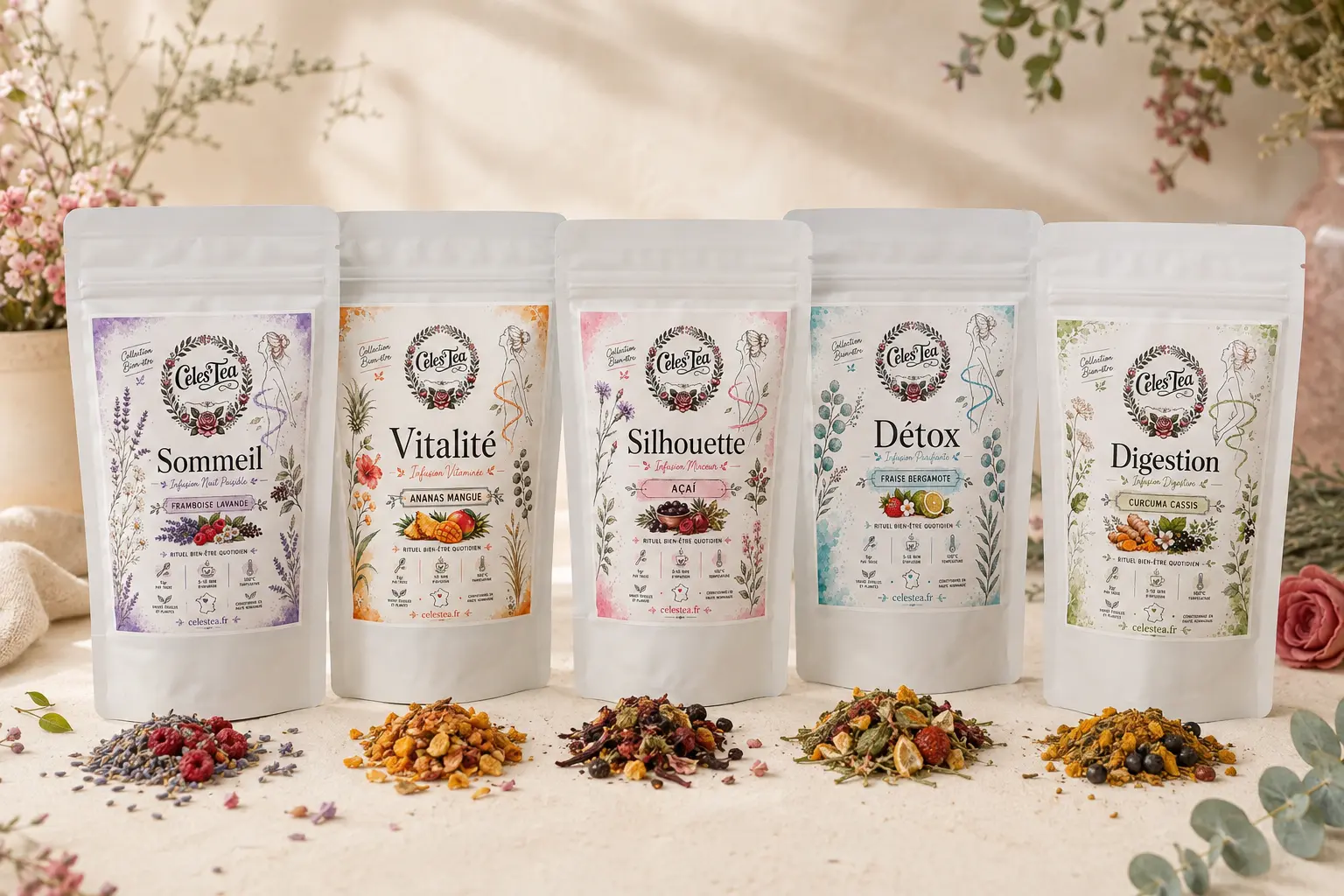 Collection des cinq infusions bien-être Celes’Tea en vrac
