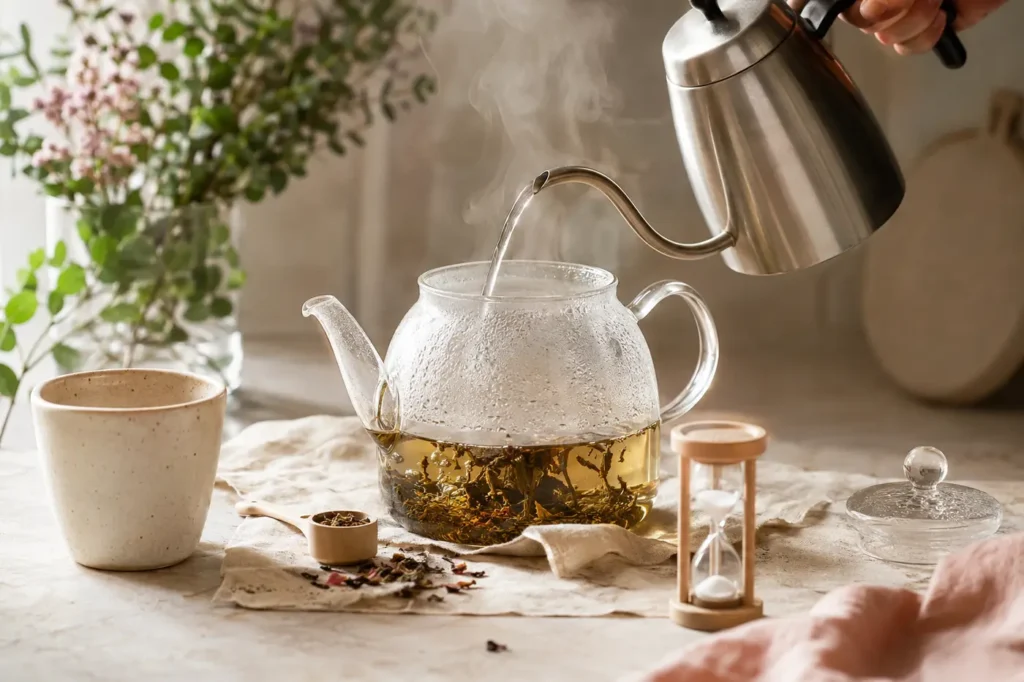 Préparation du thé en vrac avec une bouilloire, une théière en verre et un sablier