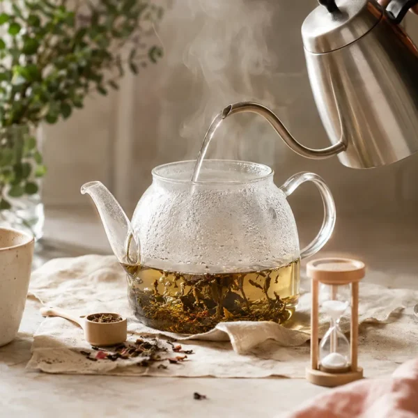 Préparation du thé en vrac avec une bouilloire, une théière en verre et un sablier