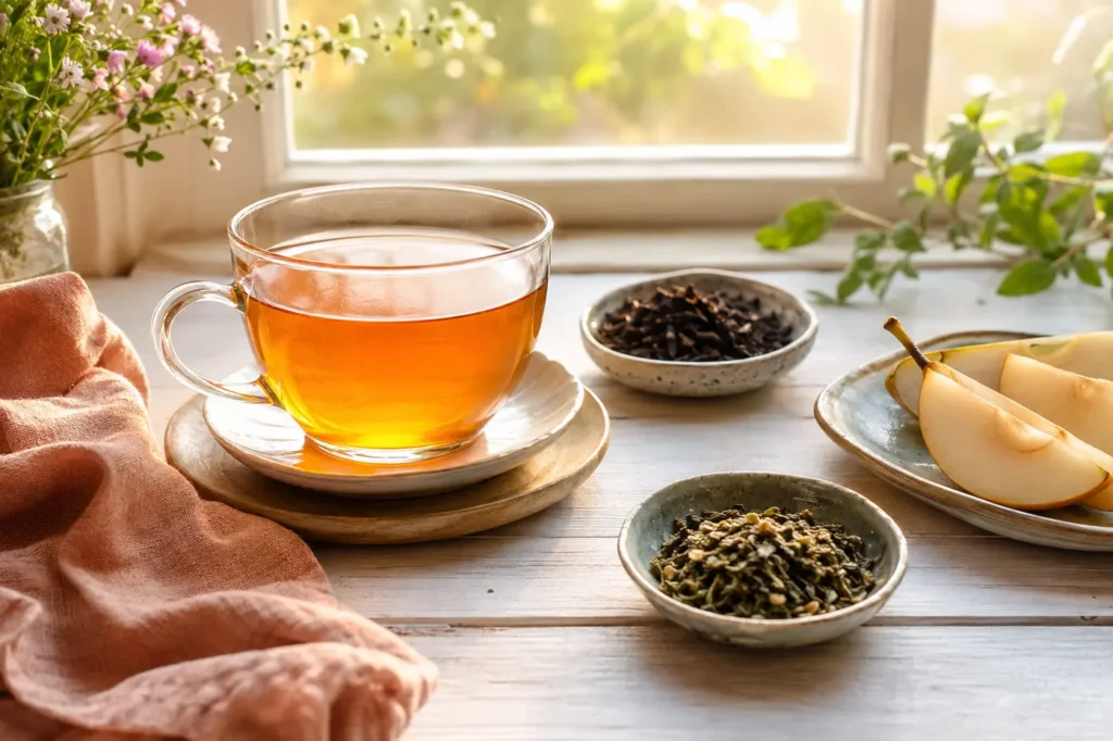 Tasse de thé du matin avec thé noir, thé vert et tranches de poire