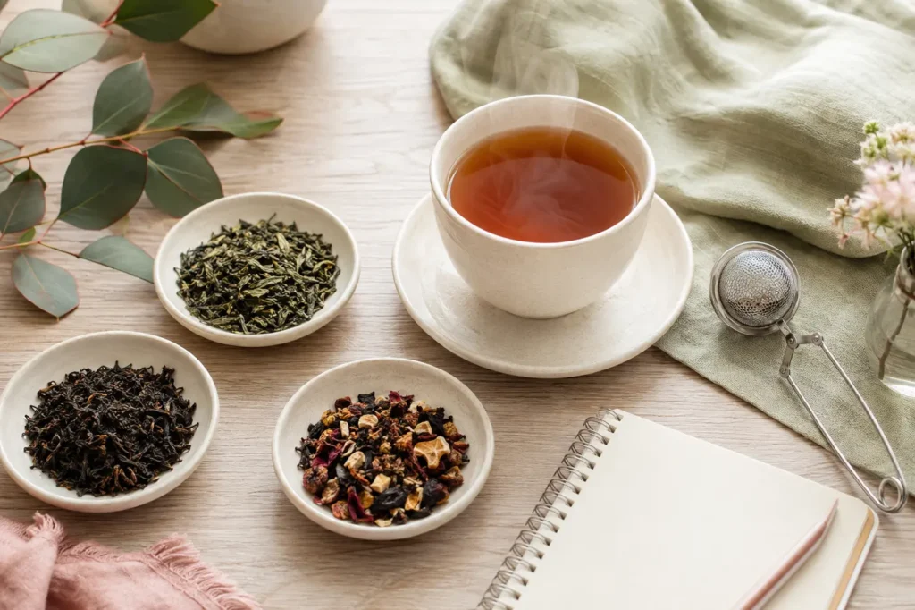 Dégustation de thés en vrac pour débuter, avec trois recettes, une tasse et un infuseur