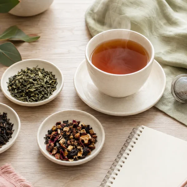 Dégustation de thés en vrac pour débuter, avec trois recettes, une tasse et un infuseur