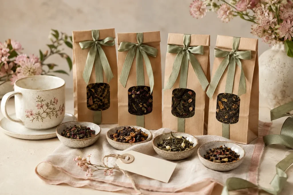 Idée cadeau autour du thé avec quatre sachets et plusieurs recettes de thé en vrac