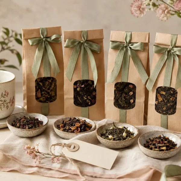 Idée cadeau autour du thé avec quatre sachets et plusieurs recettes de thé en vrac